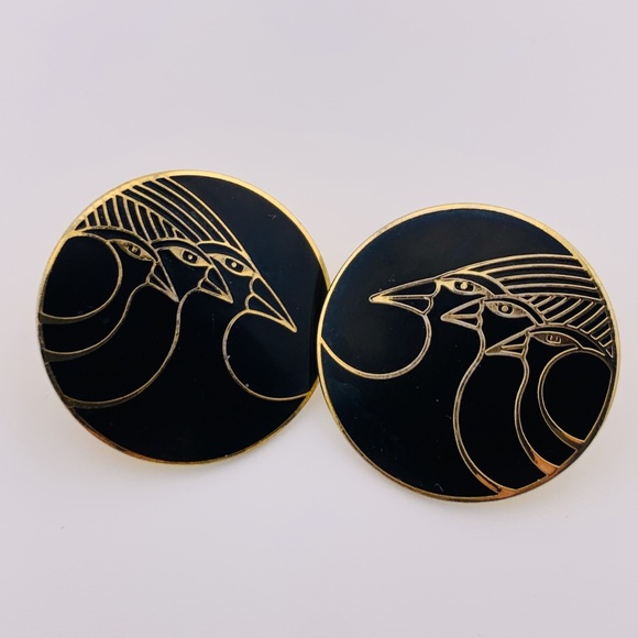 Signed Laurel Burch Gold Tone Black Enamel "Celestial Birds" Pierced Earrings 1" - Picture 1 of 4